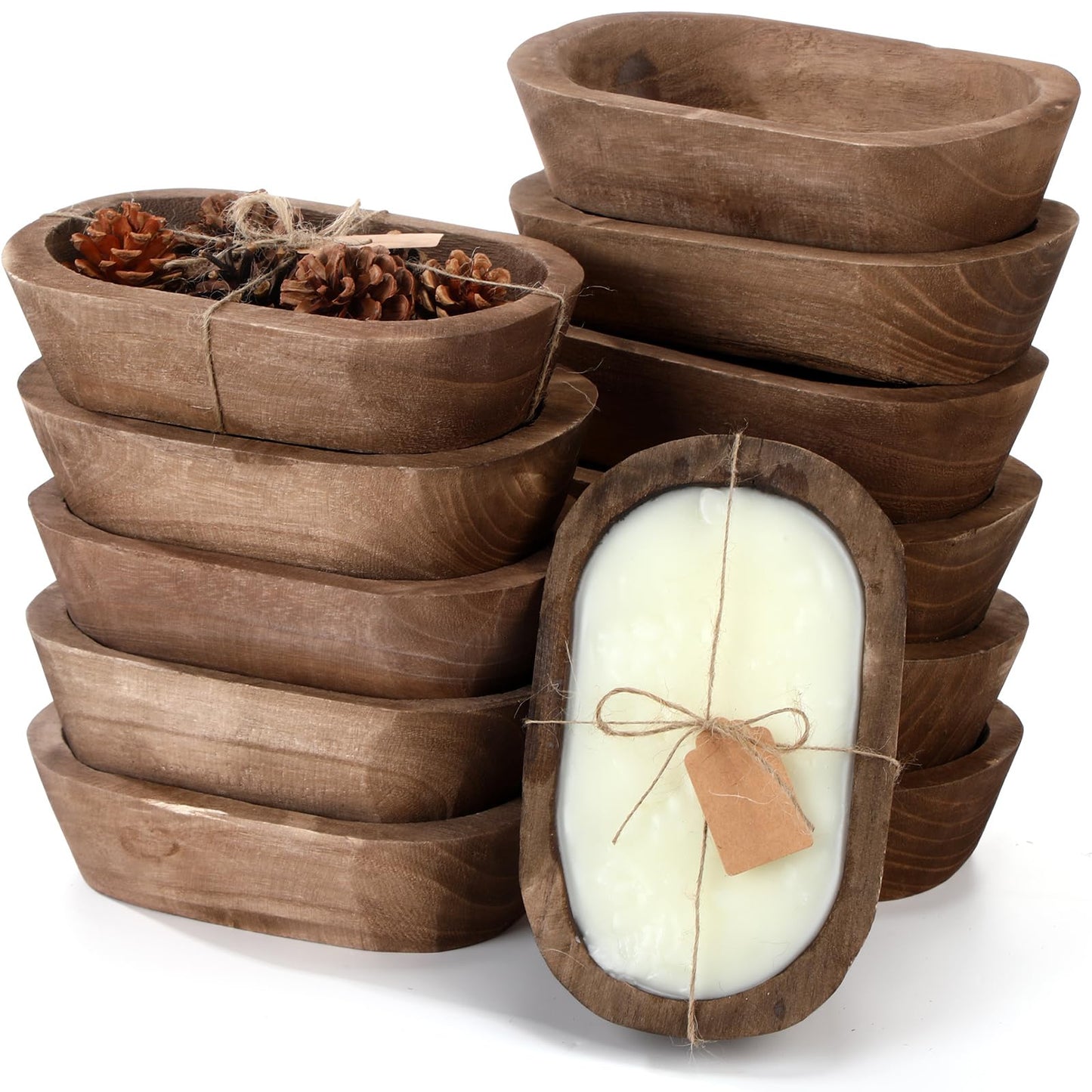 Tioncy 12 Pcs Wooden Dough Bowls Rustic Decorative Wood Dough Bowls Bulk for Decor with Card, Hand Carved Paulownia Wood, for Home Decor Candle Wedding Gifts Crafts Farmhouse Tray(Oval)