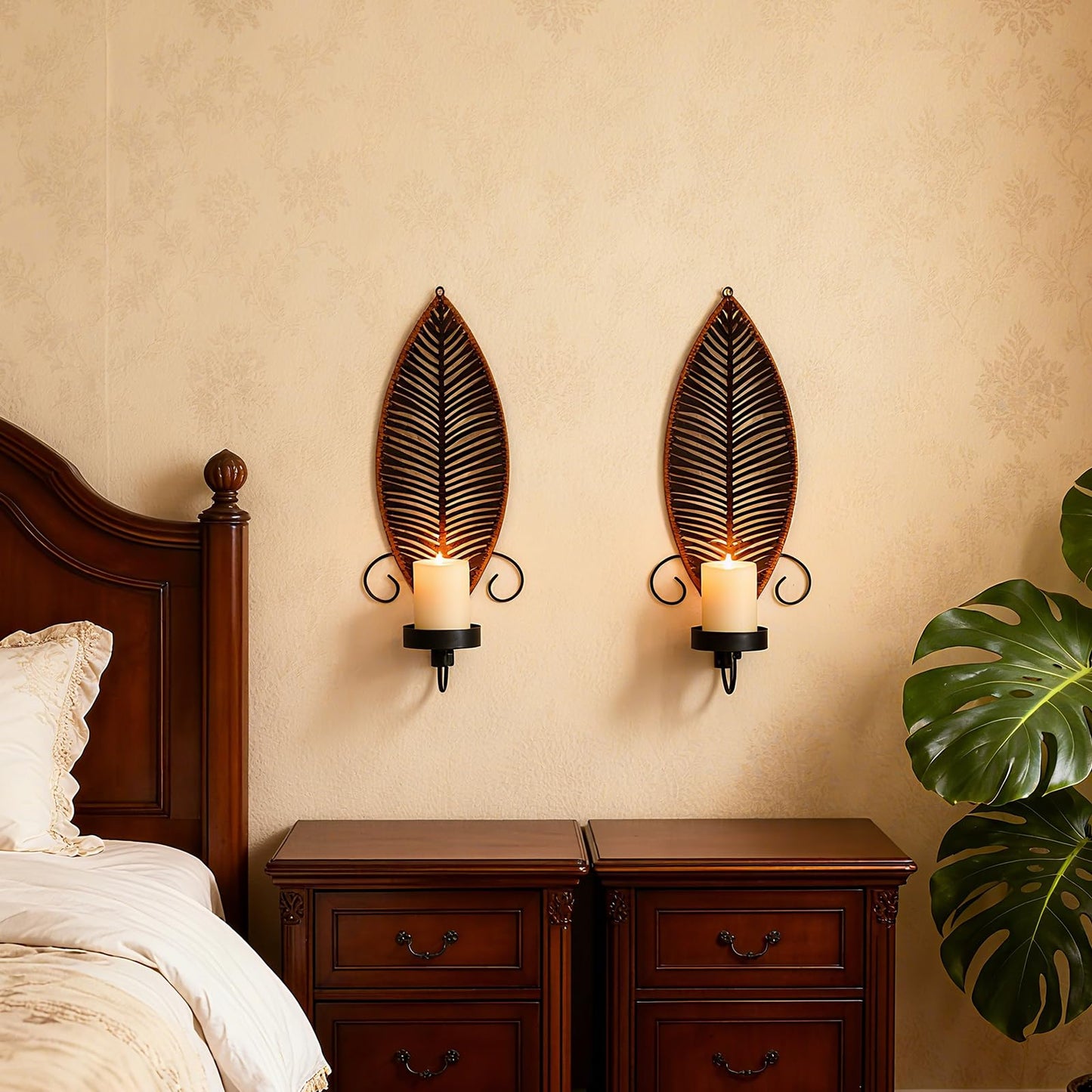 Leaf Wall Candle Sconces Vintage Metal Candle Holder, Set of 2 Wall Candlestick Mounted for Hallway Fireplace Bedroom Living Room (Black)