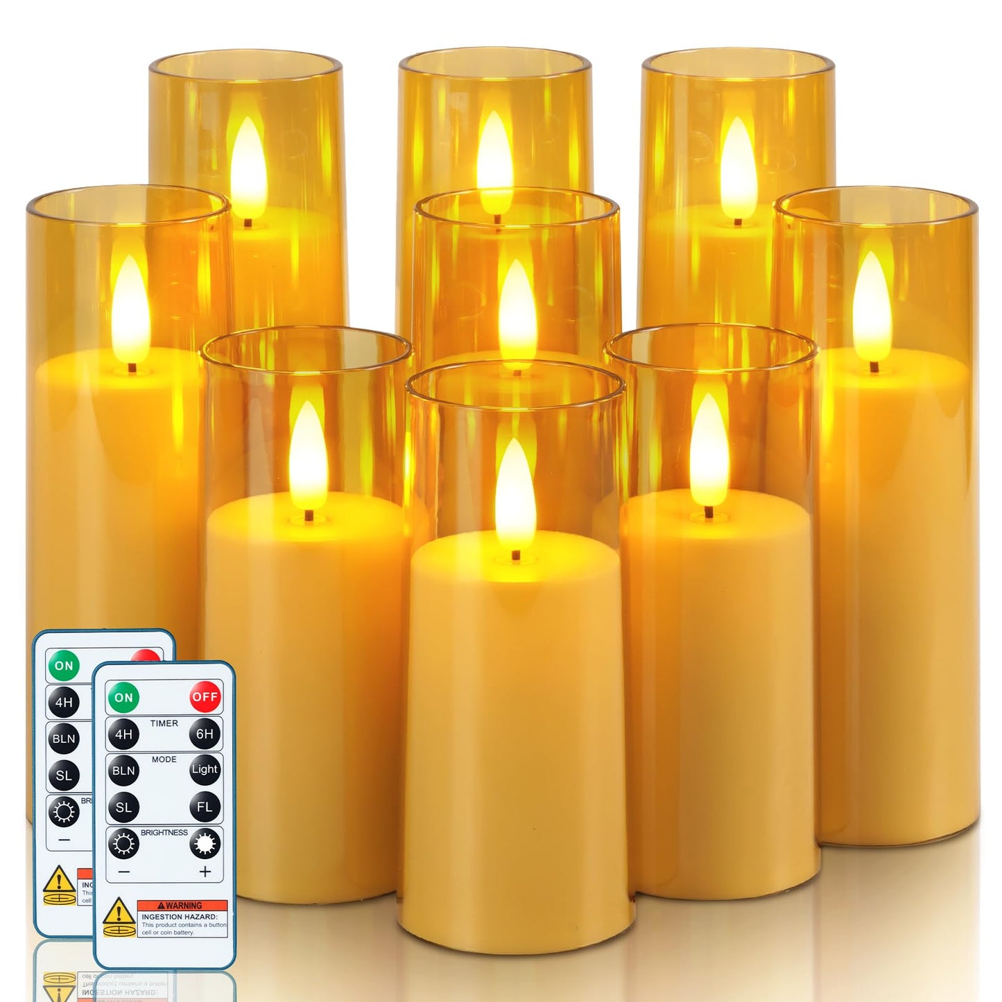 Homemory Amber Acrylic Flameless LED Candles, Battery Operated with Remote Control and Timer, Electric Fake Candles for Wedding, Home Decor, Set of 9