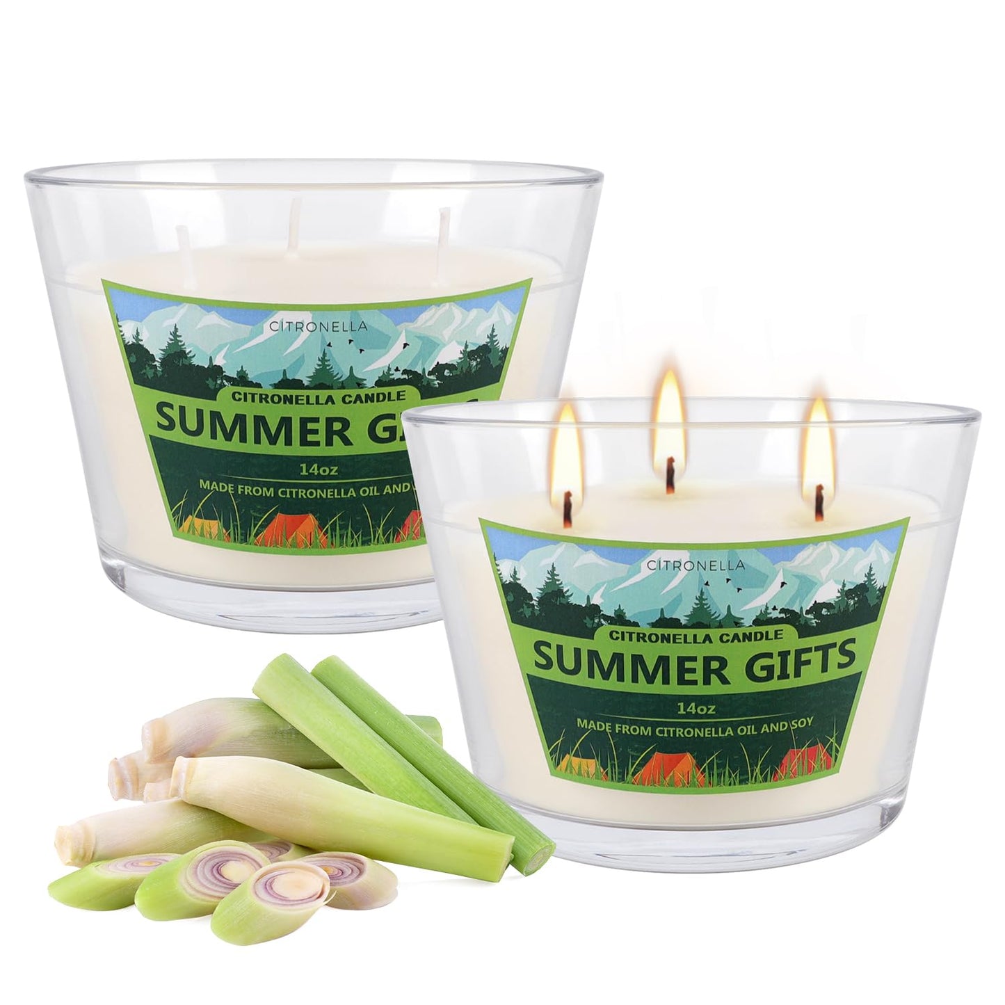 CAKETYCG 2 Pack 3-Wick Glass Cup Citronella Candles(14oz), Natural Soy Wax Clean Burning & Smokeless,citronella Scented Candle & Outdoor Candle,Camping Bar Counter Yard, Summer Gift.