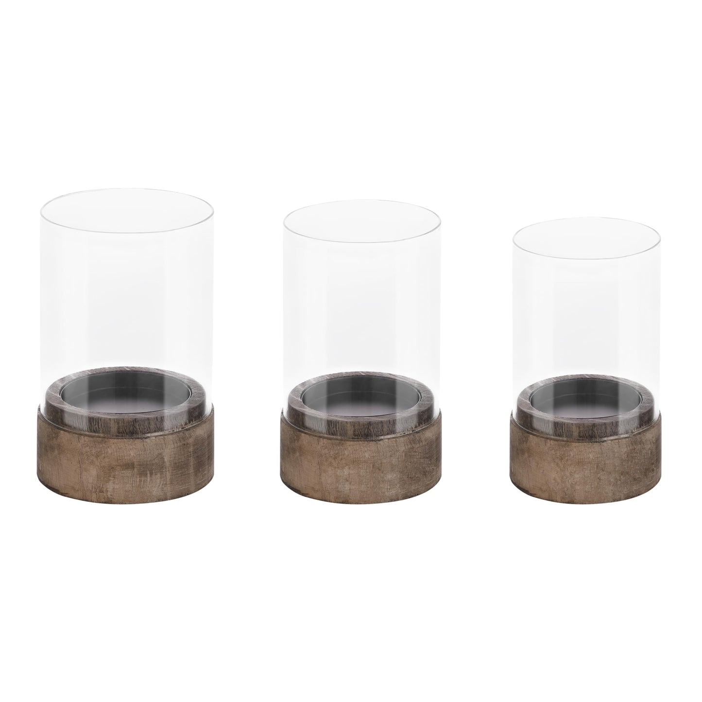 Set of 3 Glass Hurricane Candle Holders for Pillars with Vintage Natural Solid Wooden Bases, Farmhouse Candle Holder, Candle Stand, Candlestick Holders, Centerpiece for Home, Table, Wedding