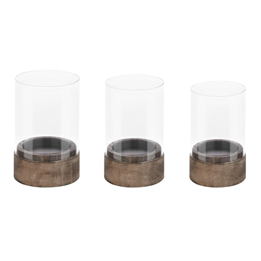 Set of 3 Glass Hurricane Candle Holders for Pillars with Vintage Natural Solid Wooden Bases, Farmhouse Candle Holder, Candle Stand, Candlestick Holders, Centerpiece for Home, Table, Wedding