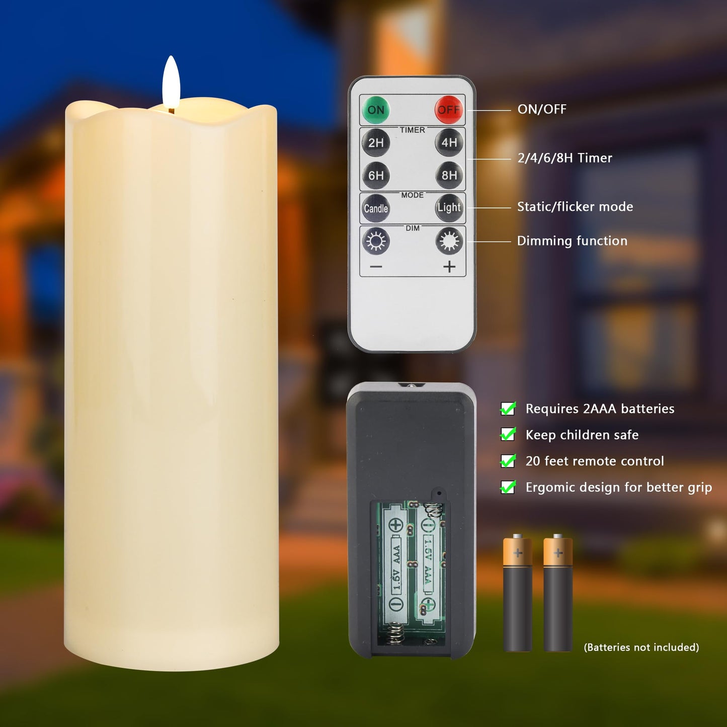 AFINETH 4" x10" Outdoor Flameless Candles Waterproof, Large Battery Operated Candles with Remote, Plastic Flickering LED Candles for Garden Patio Porch Home Party, Ivory 1Pack