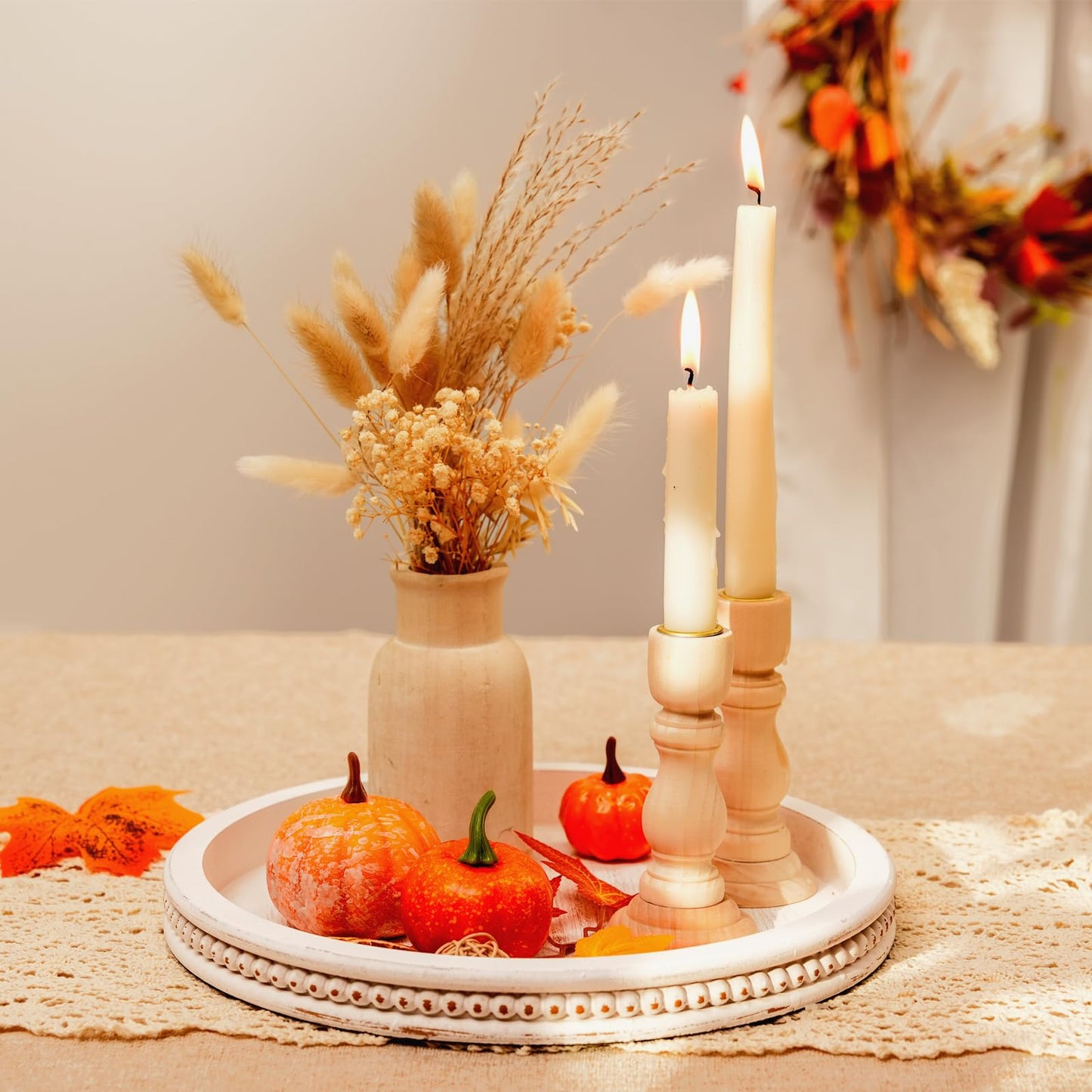 Farmhouse Wood Tray Candle Holder - Romadedi Bead Round Wooden Decorative Tray for Coffee Table Decor Serving Trays Kitchen Counter Rustic Centerpiece for Living Room Home Organizer, White Washed
