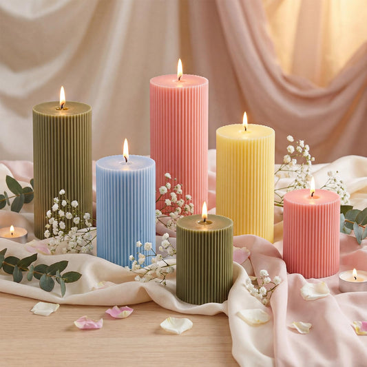 Lyrow 6 Pcs Ribbed Pillar Home Decorative Candles Aesthetic Modern Home Decor Soy Wax Unscented Pillar Candles Width 3" High 4" 6" 8" for Bathroom Living Room Wedding Dinner Party(Pastel Color)