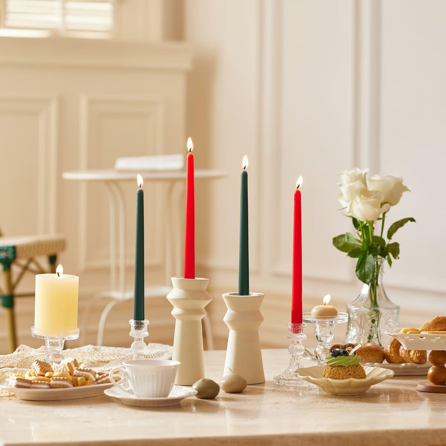 Pickood 12-Inch Tall Dripless Taper Candles Set of 4 - Red and Green Tapered Candles, Perfect for Christmas - Smokeless, Unscented, Long Burning - Hand Poured, Colored Tall Candlesticks - Christmas
