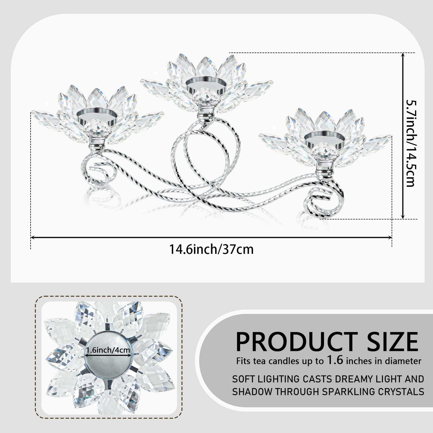 2Pcs Siver Kehail Crystal Metal Tea Light Candle Holder Set, 3-Arm Flower Shaped Crystal Votive Candlestick Holders for Table Centerpiece, Wedding Shower, Party and Home Decor