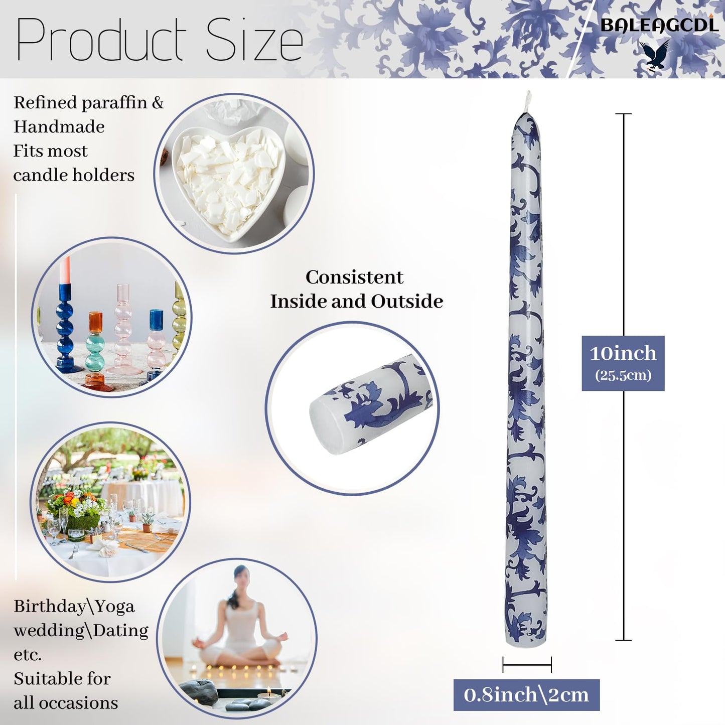 Foloral Prints Taper Candles Blue and White Porcelain Handmade Candle 10 Inch Unscented Long Candlesticks Smokelss for Decor & Gifts Set of 4