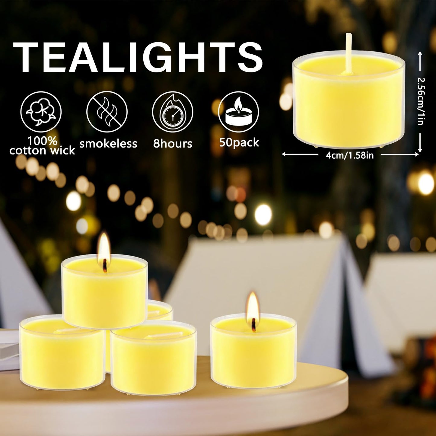 50 Pack Clear Tea Lights Candles Bulk, Summer Citronella Candle Outdoor and Indoor, for Birthday Emergency Home Garden(8 Hour, Yellow)