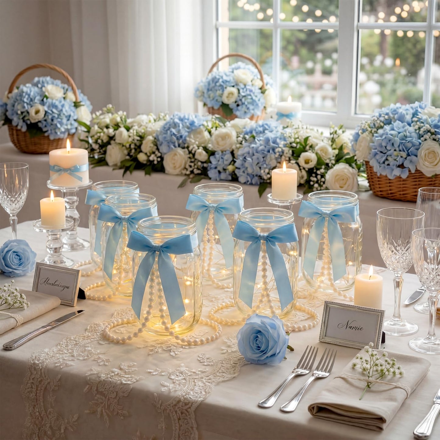 Gandeer 6 Sets Blue Mason Jars Centerpieces for Table Bridal Shower Mason Jar Lights Vases with Bow and Pearl Ribbon Bow Vase for Flowers Table Engagement Party Bridal Shower Wedding Centerpieces