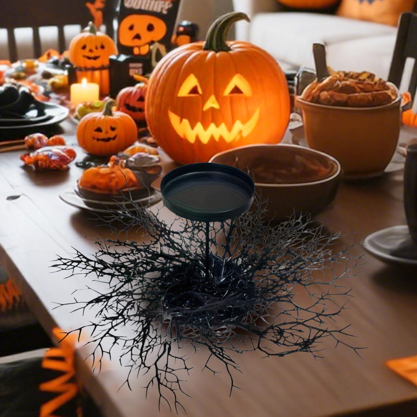 Mini Halloween Wreaths with Plastic Candle Holder, 5.5" Artificial Black Maple Leaves Candle Wreath Floral Twig Candleholder Wreath for Table Centerpieces Decorations