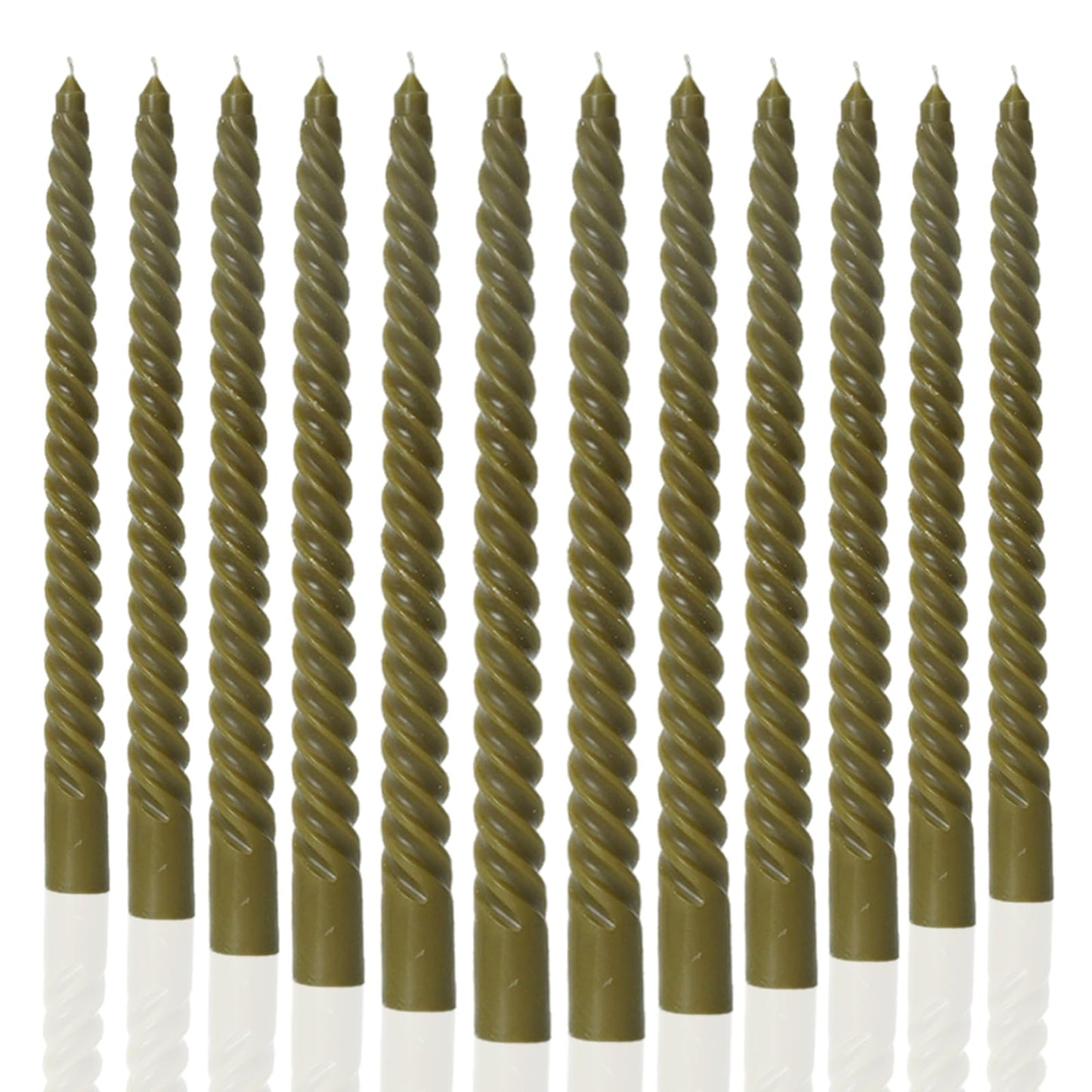 MAITREYA Olive Green Taper Candles Stick Spiral Twisted Candles-Set of 12 for Decoration Weddings Party Church-Unscented Dripless Candles,10inch(F-Olive)
