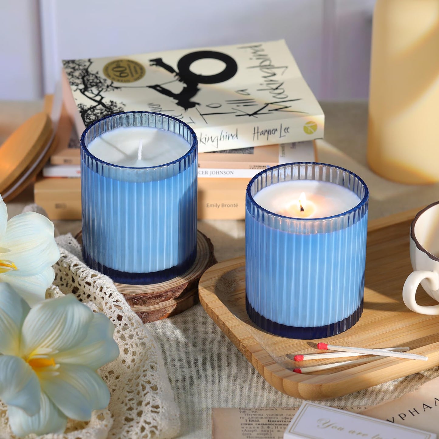 sunnyfuture 10 OZ Blue Candle Jars for Making Candles Set of 8, Ribbed Glass Candle Jars with Wood Lids and Labels, Candle Containers for DIY, Gifts, Home Decoration