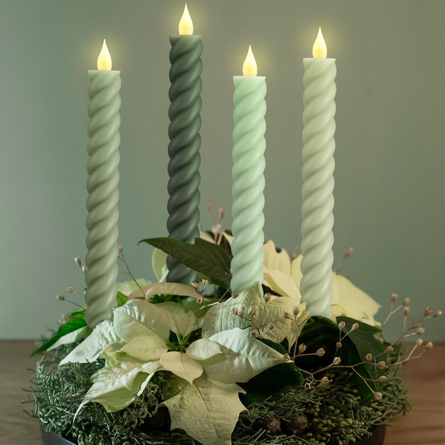 Baquler 6 Pcs Sage Green Flameless Taper Candle Twisted LED 9.65 Inch Taper Candles Battery Operated Twisted Candlesticks for Summer Wedding Birthday Home Party Holiday Dinner Fireplace Decor
