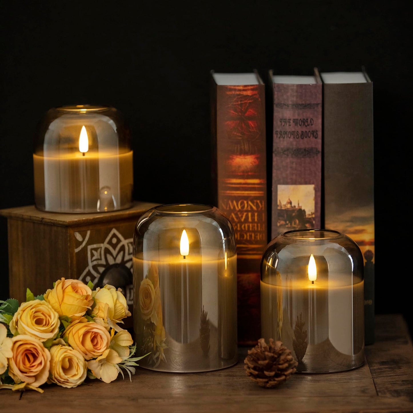 volnyus Grey Glass Flameless Candles with Remote Set of 3 Battery Operated Flickering LED Pillar Candles Real Wax Wick Φ 4"" H 4"" 5"" 6"", Gray