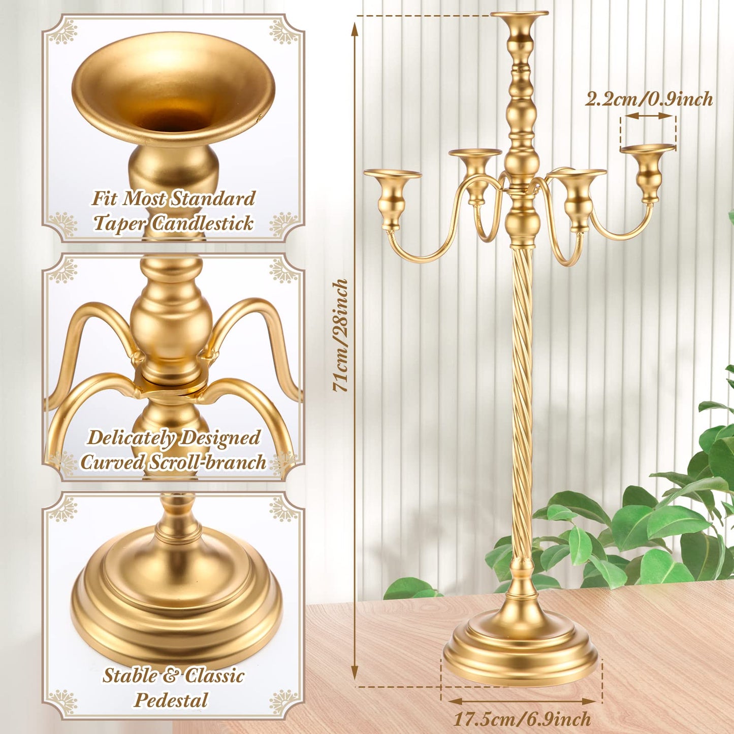 Tanlade 6 Pack Gold Candelabra Centerpieces for Tables, 21 Inch 5 Arm Metal Taper Candle Holders, Wedding Reception Table Flower Candlestick Decor for Banquet Anniversary Birthday Holiday Party