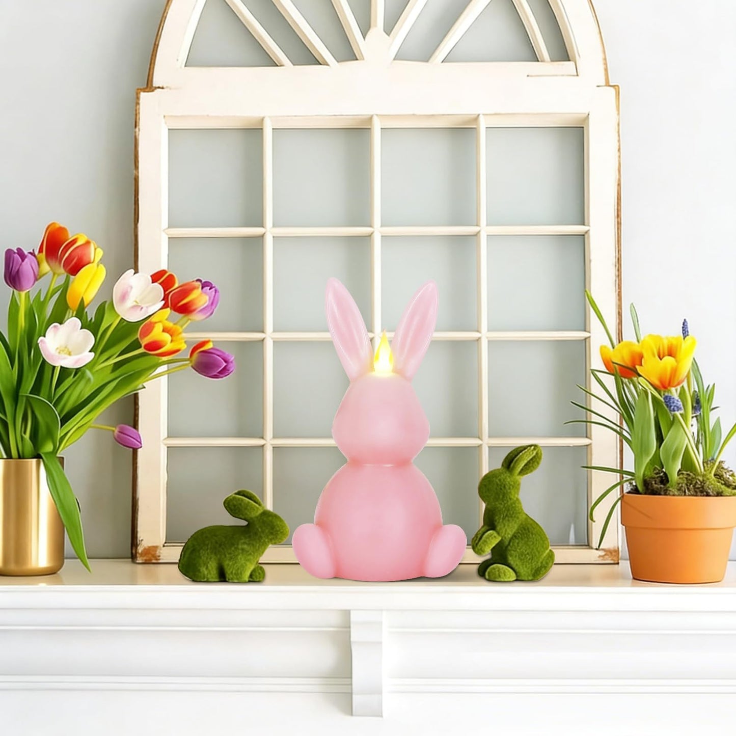 Leorate Pink Easter Bunny Flameless Candles, Real Wax Carved LED Candle Battery Operated, Scented Bunny Shape Easter Decorations Set for Home Living Room Bedroom Party Centerpiece Table Home Decor