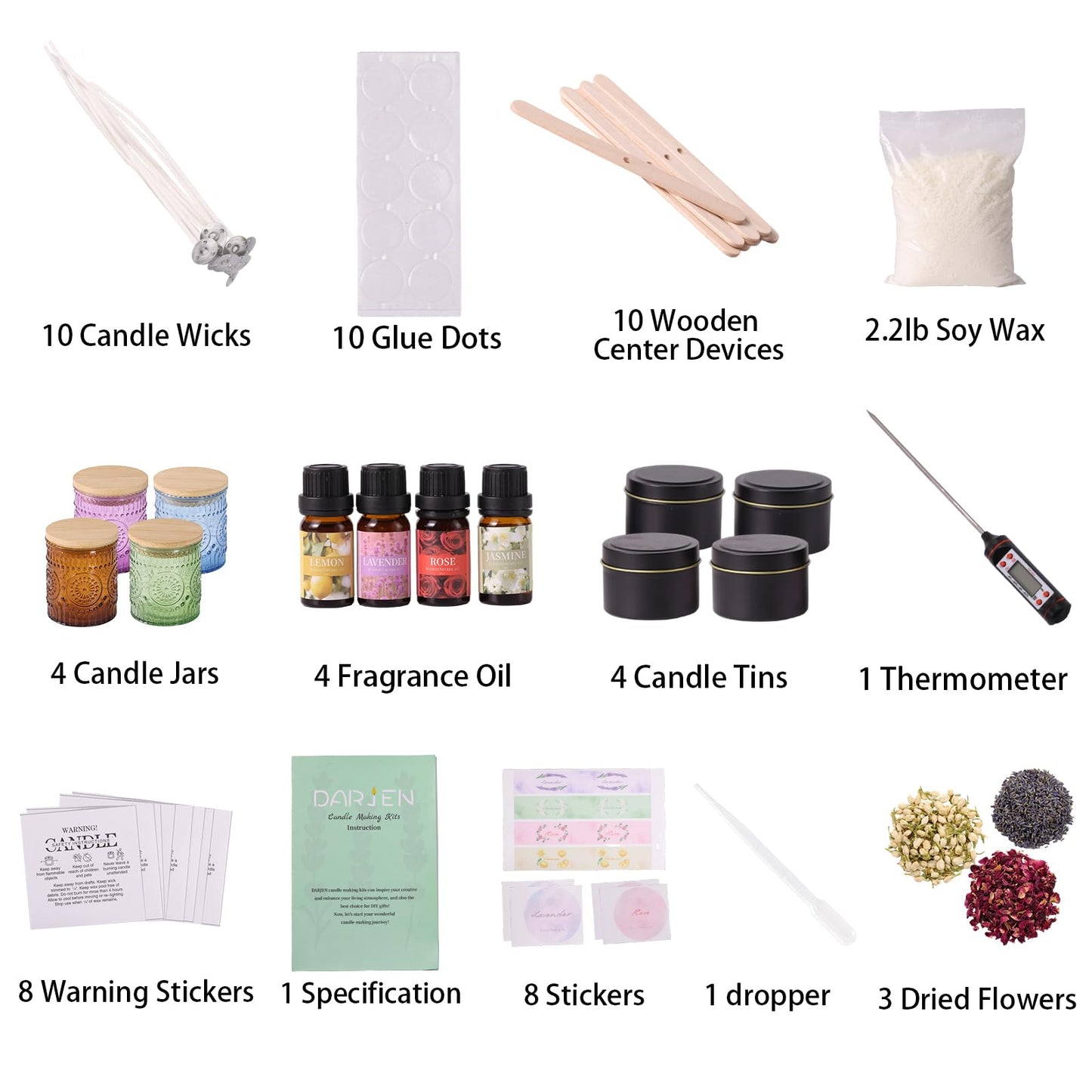 DARJEN Candle Making Kits - Soy Candles Making Supplies for Adults Including 4 Candle Jars(Amber, Purple, Blue, Green), Candle Tins, Wax, Scents, Dried Flower & More, DIY Arts & Crafts Kits Home Decor