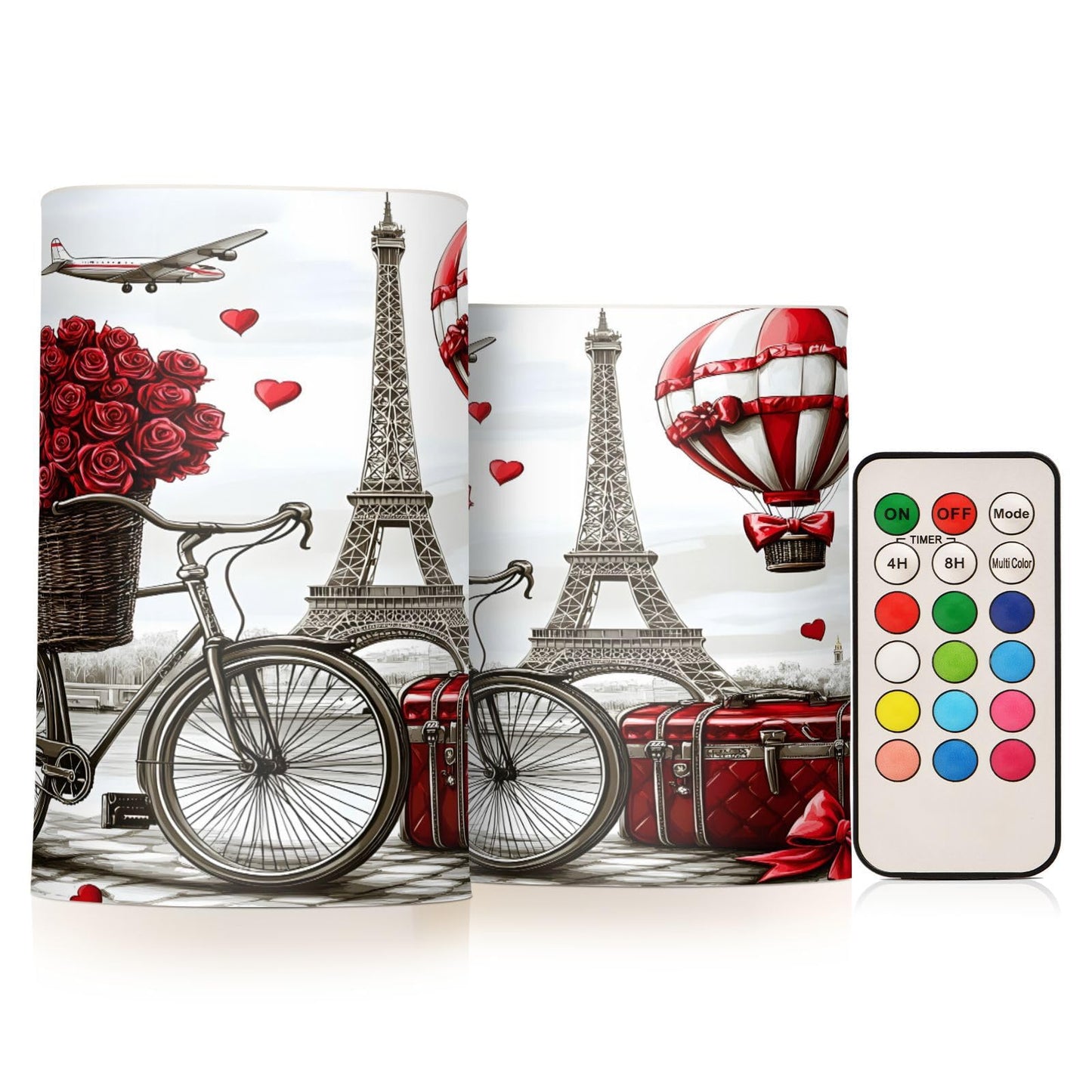 ALAZA Hot Air Balloon Paris Tower Rose Flickering Flameless Candles Battery Operated with Remote Timer,Tea Light Candles LED Pillar Votive Candles Set of 2 for Outdoor Indoor Decorations