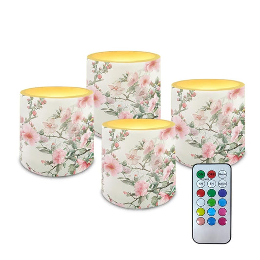 NETILGEN Flickering Flameless Candles with Remote Timer Control Pack of 4 Battery Operated LED Pillar Candles 3 inch Flameless LED Candles Pink Flowers Print