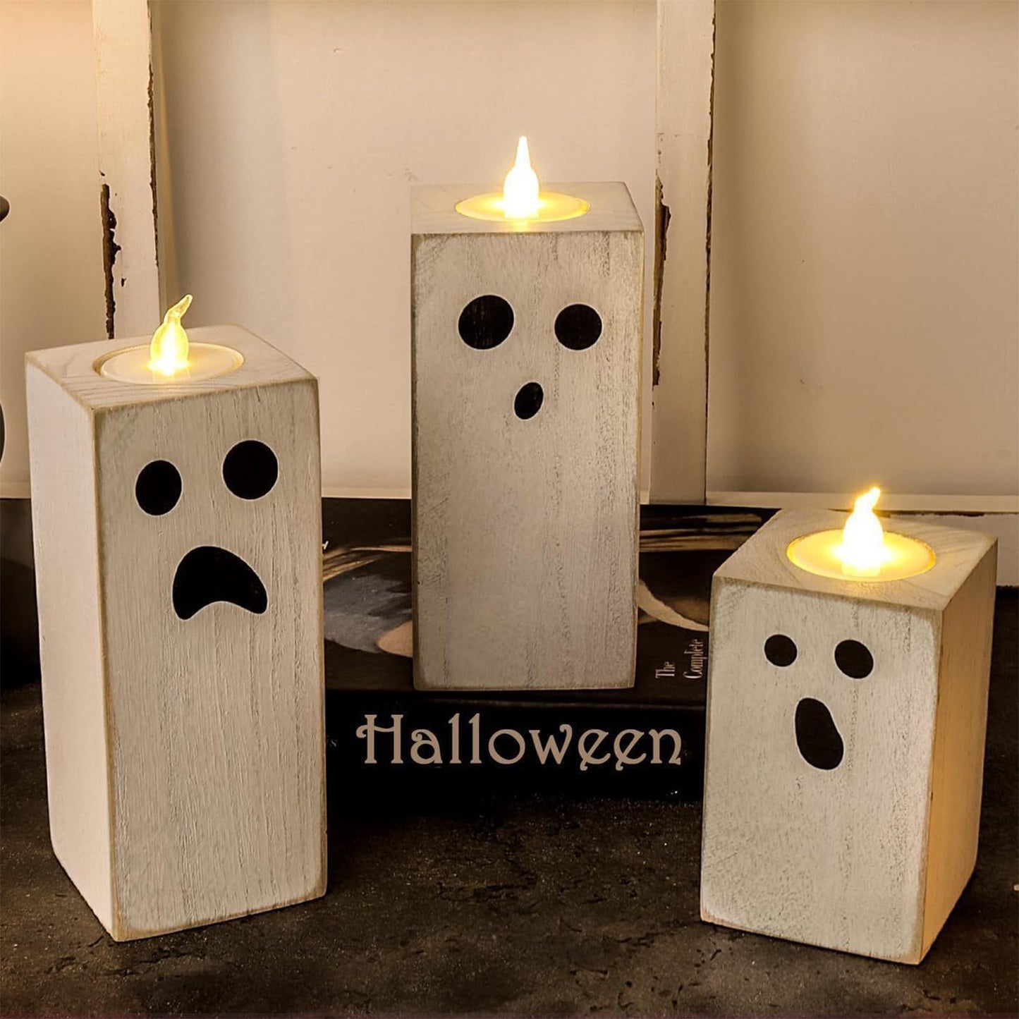 3PCS Halloween Wood Tealight Candle Holders Rustic Wooden Ghost Theme Table Sign Blocks with Tea Light Candle Holder for Farmhouse Centerpieces, Office, Tiered Tray, Shelf Décor