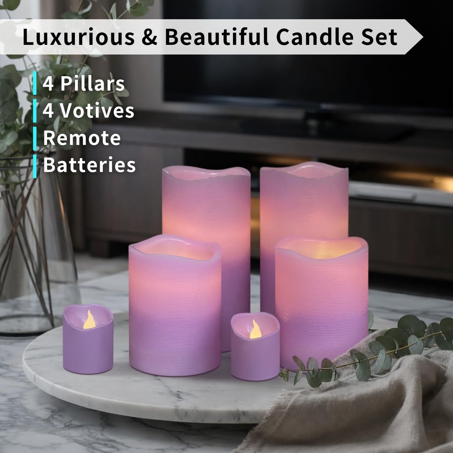 FURORA LIGHTING Purple Flameless Candles - Real Wax, Adjustable Brightness, Remote & Timer - 4 Pillars (3x4, 3x6) and 4 Votives, 8-Pack, Battery Operated