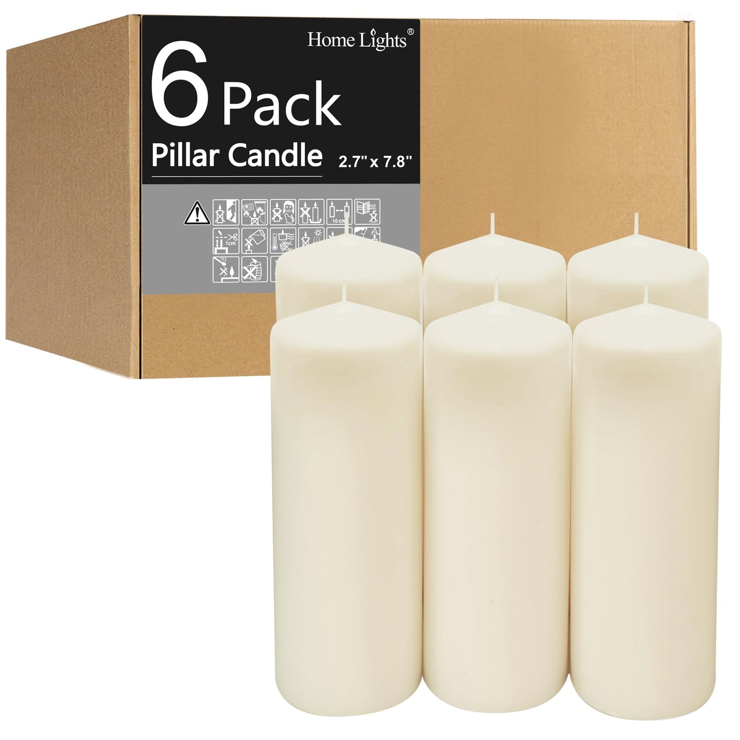 HomeLights Pillar Candles - 2.7x8 inch | 80 Hours Burning, 6 Count - White Unscented Smokeless European Pillar Candles - Perfect for Wedding, Parties, Spas, Home Gatherings and Dinner