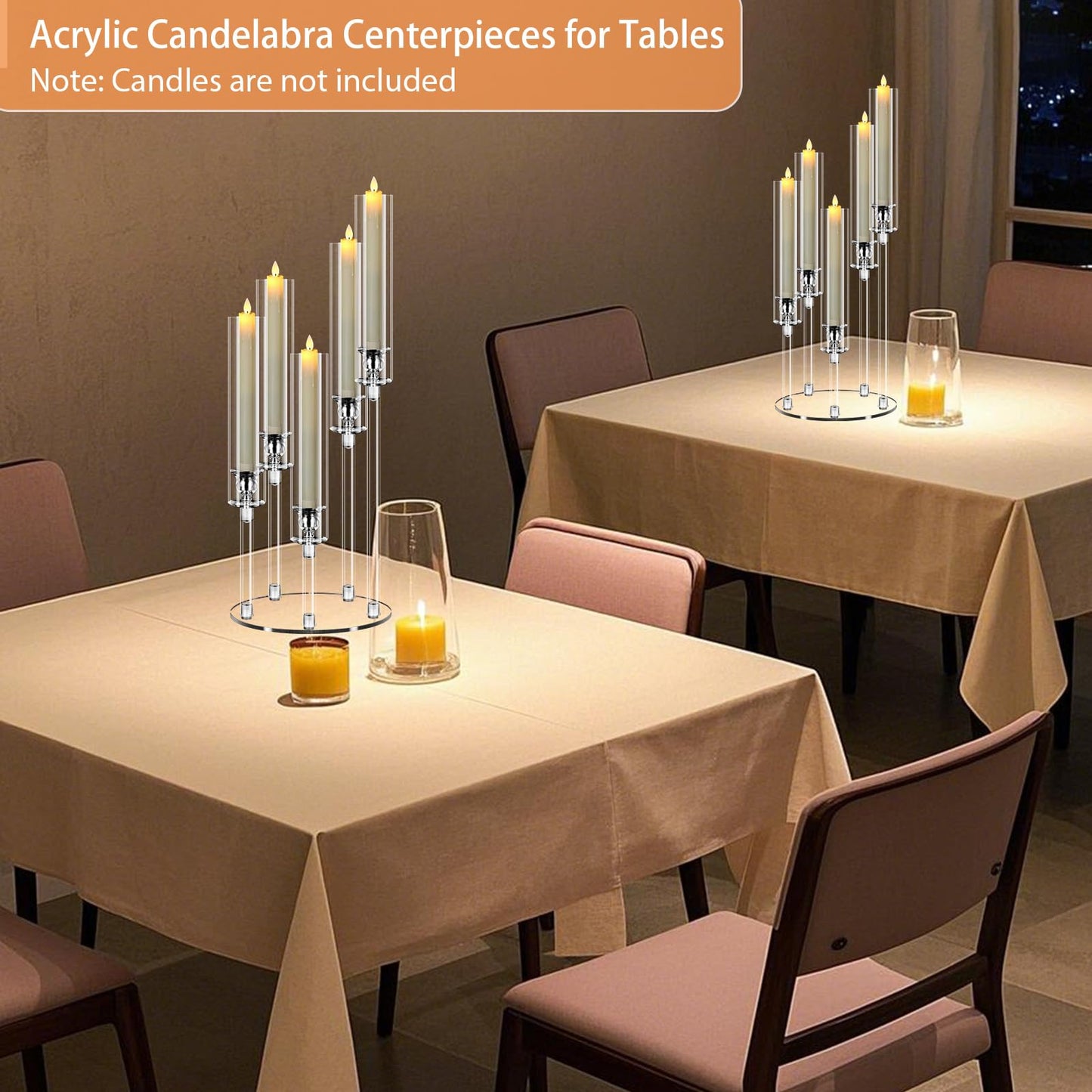 5 Arm Acrylic Candelabra Centerpieces for Tables,8 Sets Clear Candle Holder for Wedding,Home Decor,Table Decorations,22.8" Tall Candlestick Holders with Lampshade, Fits LED Candle