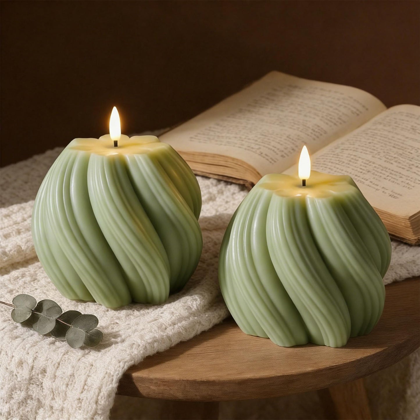 Girimax Sage Green Swirl Flameless Candles with Remote, Flickering LED Wax Candle Aesthetic Home Shelf Decor 1 Pack