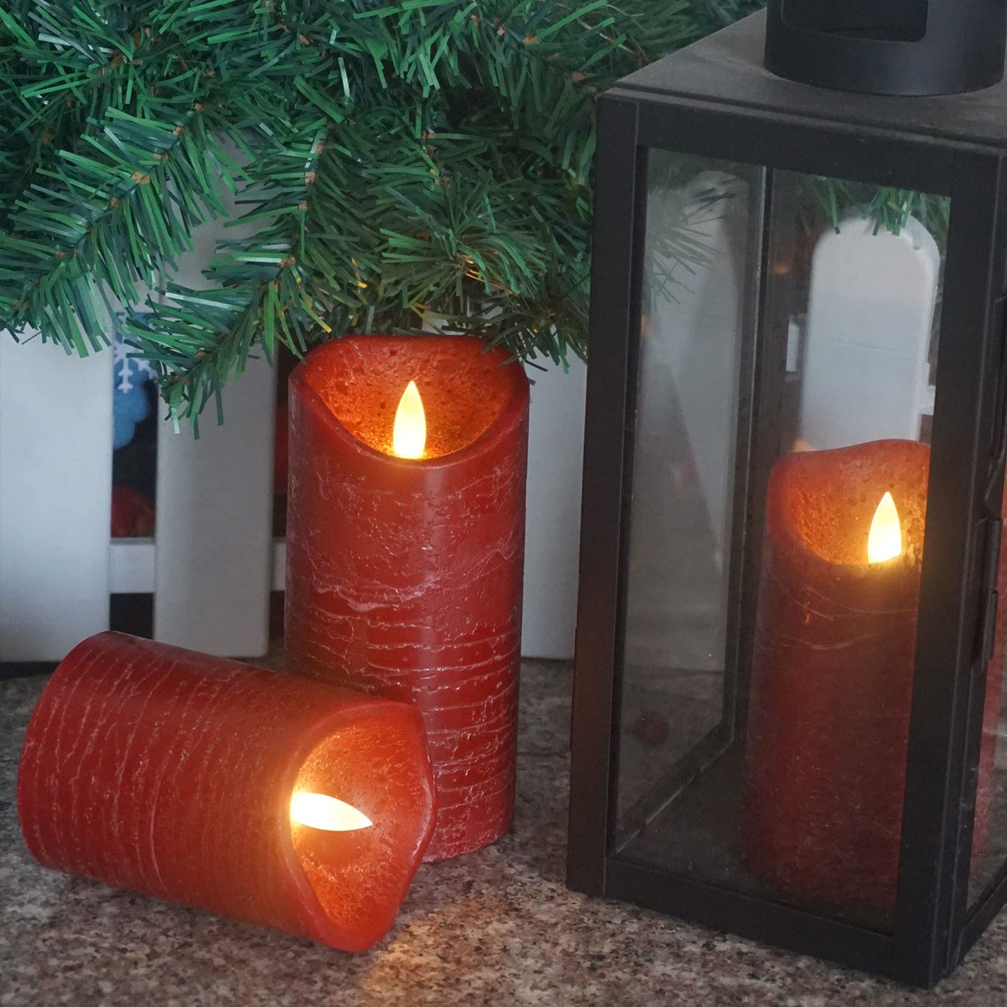CANDLE CHOICE Battery Operated Flameless Candles with Timer Real Wax Realistic Flickering Electric LED Pillars Automatic Built-in Daily Cycle Timer 6-Hour on 18-Hour Off Set of 3 Rustic Texture Red