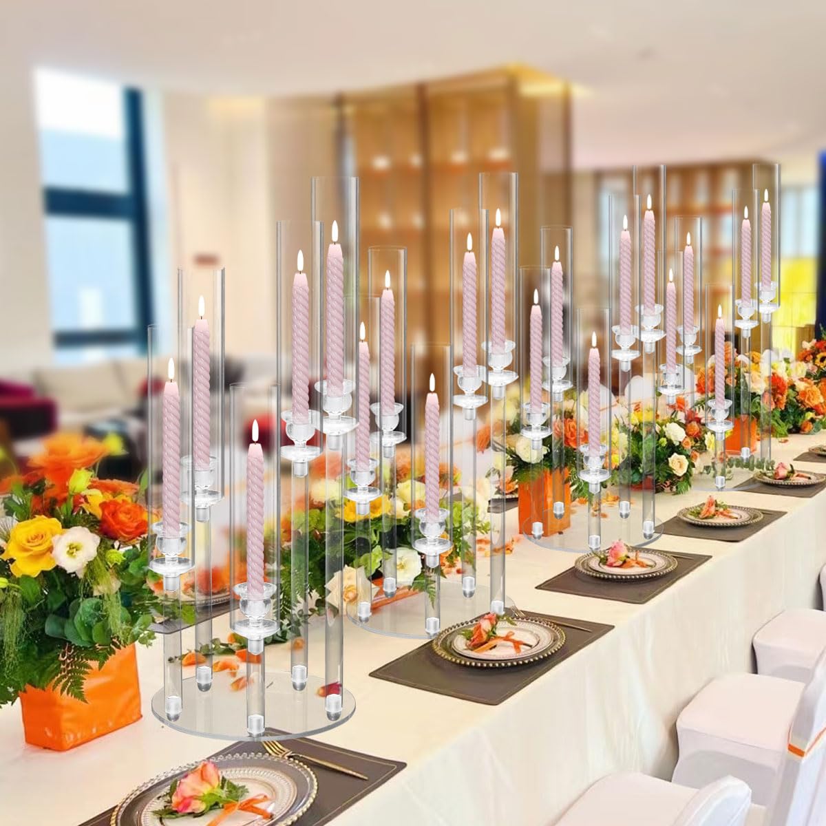 4PCS 5 Arm Acrylic Candelabra for Table Wedding Centerpiece,Crystal Clear Candle Stick Holders Candelabra Centerpiece Stands with Removable Lampshade for Party Easter Baby Shower Fit 0.8 LED Candle