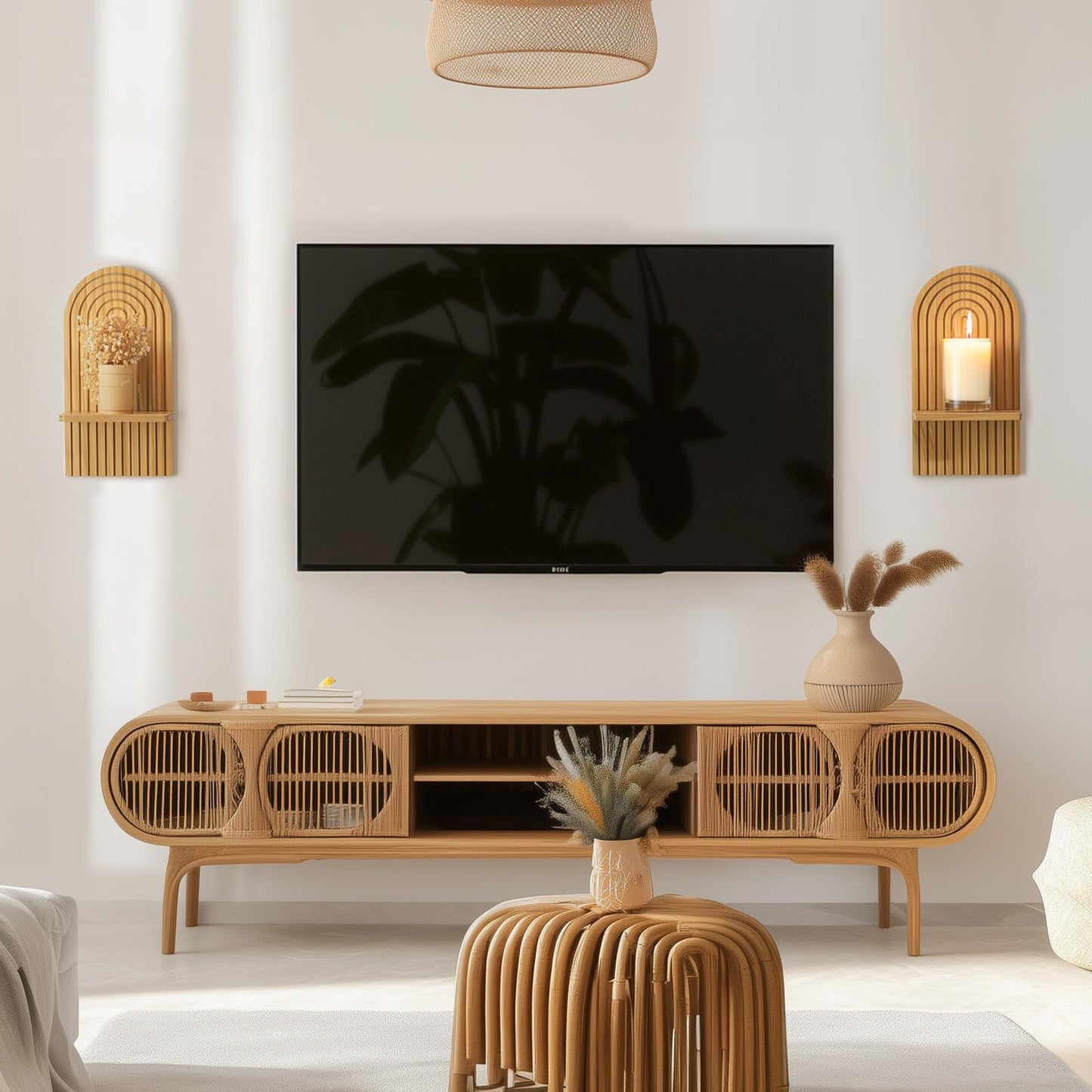 Walasis Boho Wall Decor Set of Two - Natural Modern Minimalist Mid Century Wall Candle Holder for Living Room - Wood Bohemian Decor for Bathroom Nursery Bedroom