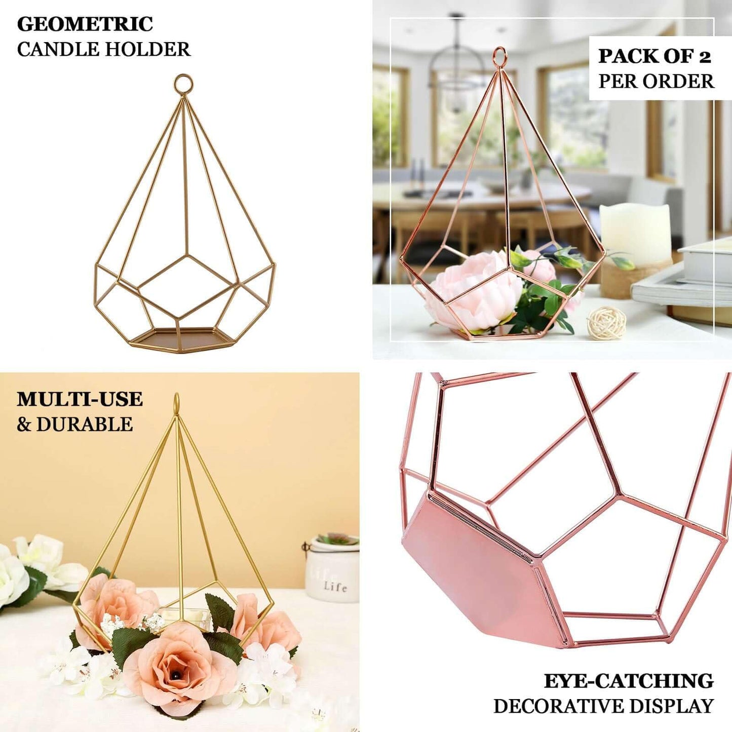 Efavormart 2 Pack Gold 9" Metal Pentagon Geometric Tealight Candle Holders Geometric Floral Centerpiece
