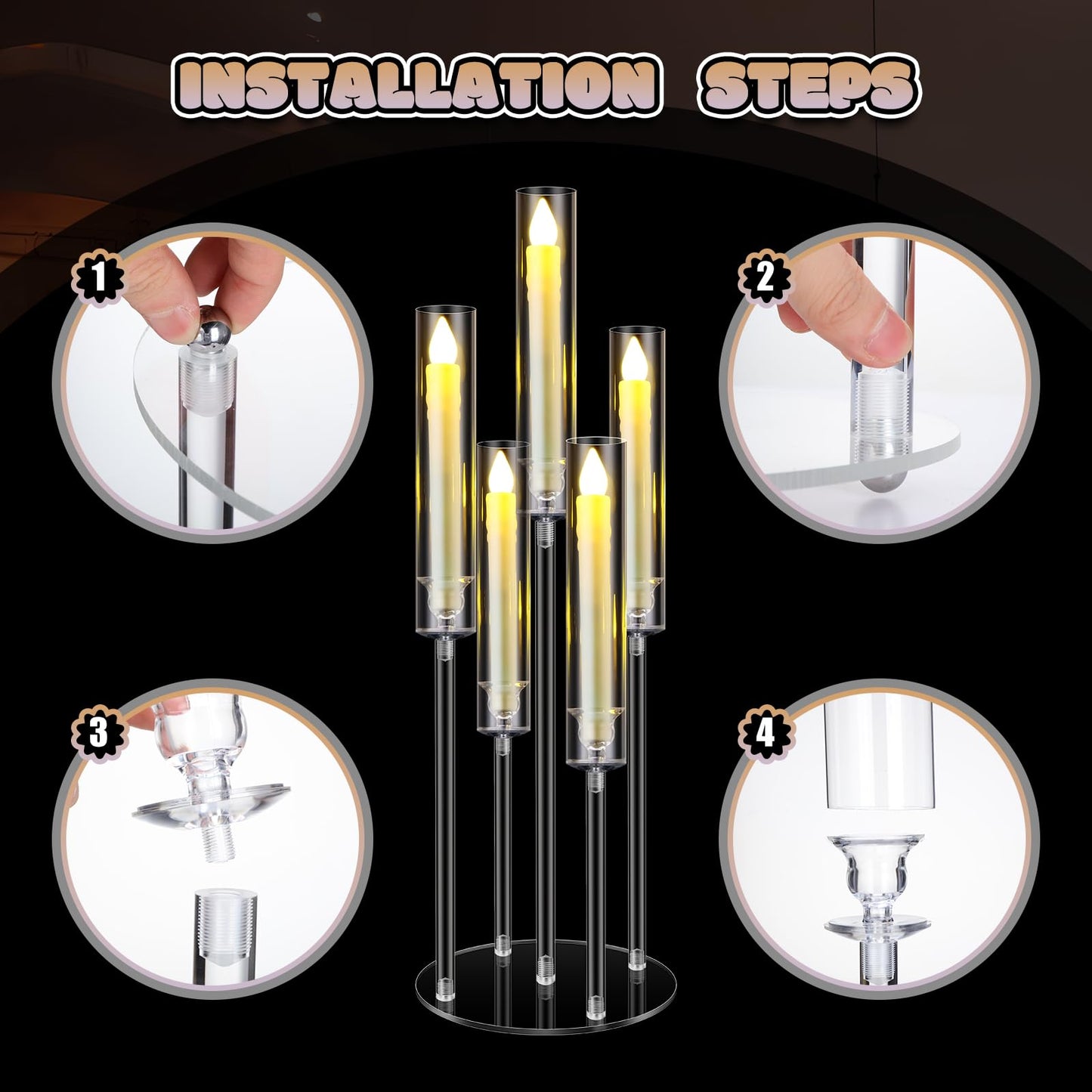 FoldTier 4 Sets 5 Arm Acrylic Candelabra Holder for Wedding Table Centerpiece 27inch Tall Floor Clear Candle Centerpieces with LED Candles and Shade for Proposal Ceremony Birthday Party Home Decor
