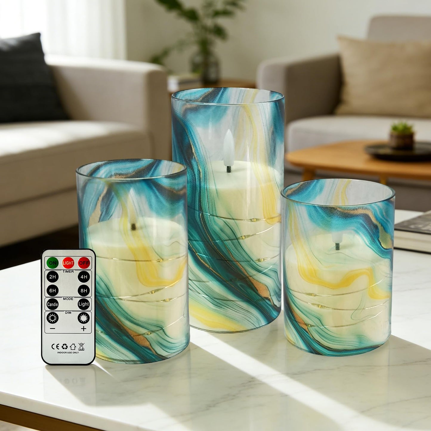 NjaoHoo Flickering Flameless Candles, Recessed String Light LED Candles 3D Wick Acrylic Battery Operated LED Pillar Candles with Remote and Timer for Modern Simple Home Decor Set of 3(Marble Printed)