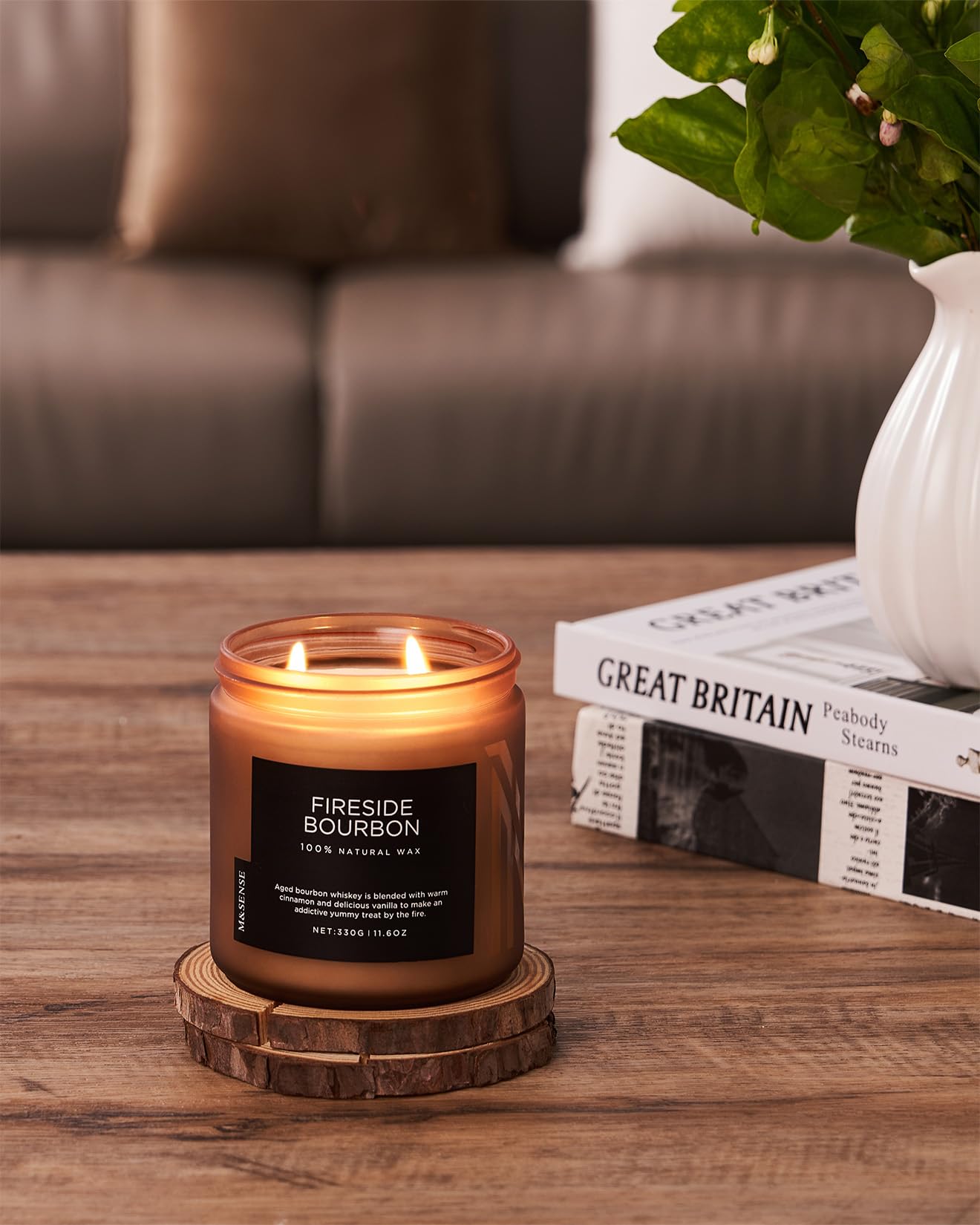 M&SENSE Fireside Bourbon Candles Home Scented, Non Toxic Soy Wax 11.6oz 70 Hours Long Clean Burning, 2 Wick Campfire Candle Cozy Winter Home Decor, Housewarming Gifts for Women Men