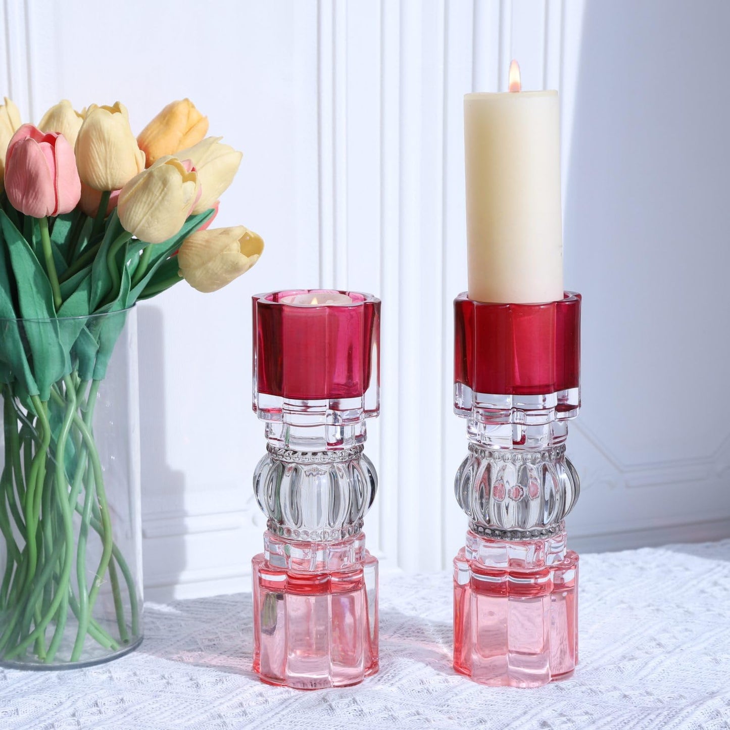 VOHO Pink Candle Holder for Valentines Day Decorations, Set of 2 Heavy Glass Votive Candle Holders Decor for Room Table, Romantic Tealight Candle Holder Gifts for Her(7.87x2.75 in W/H, Shades of Pink)