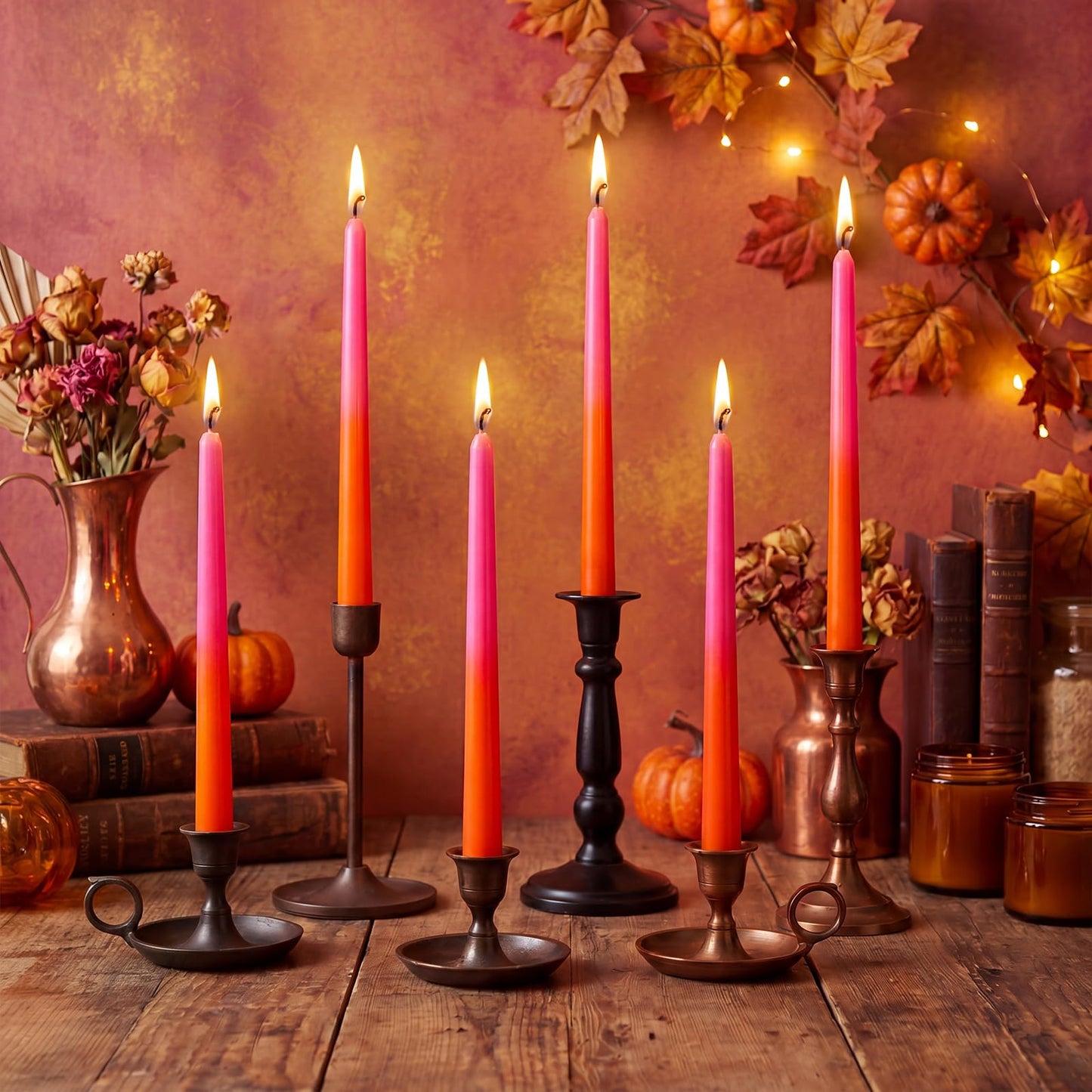 Photect 6 Pcs Pink and Orange Party Taper Candles 10 Inch Gradient Pink Orange Long Candles for Birthday Theme Party Dinner Table Home Bathroom Birthday Decor