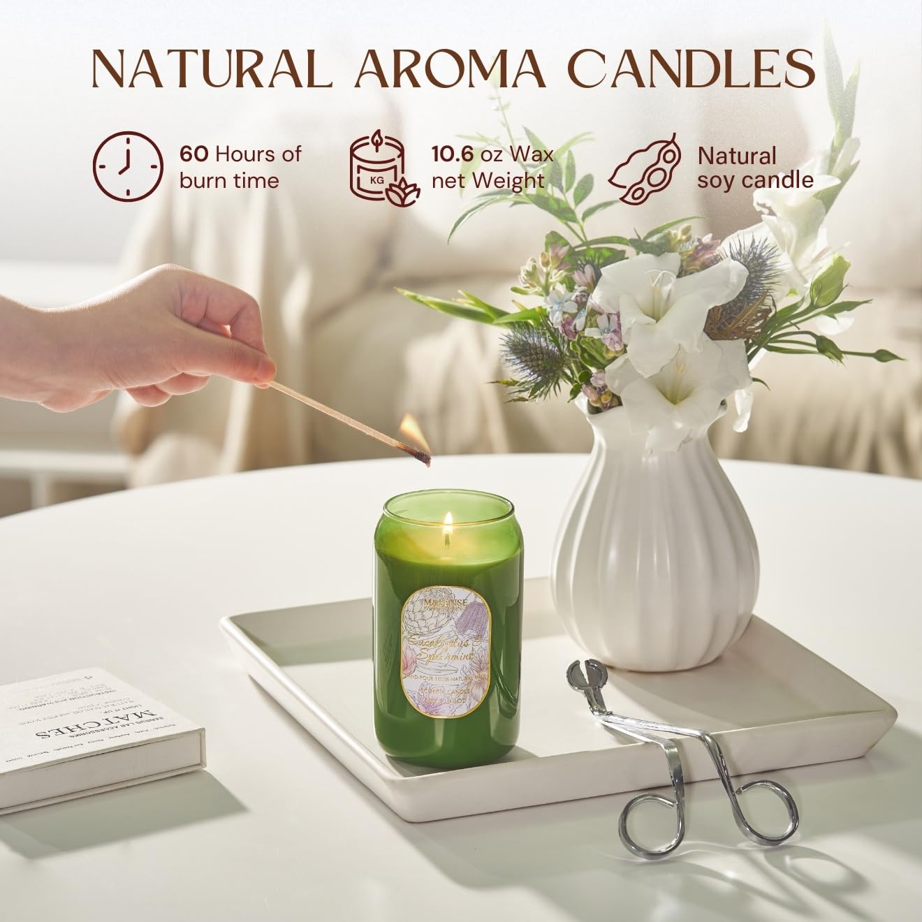 M&SENSE Strong Green Soy Scented Candle - Eucalyptus Mint Candle, 10.6 oz, 60-Hour Burn,Calming Stress Relief Candles Gift for Birthday,Valentine's Day,Mother Day