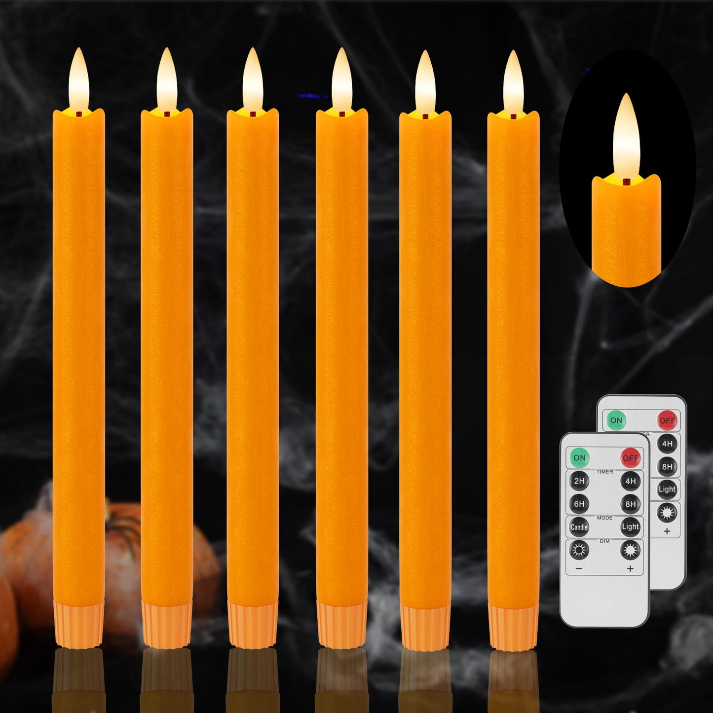 AFINETH Orange Flameless Taper Candles, 9.6" Fall Candles with Remote, Real Wax Battery Operated Candlesticks Flickering, Flameless Led Candle for Fall, Thanksgiving, Harvest, Halloween Decor, 6 Pack