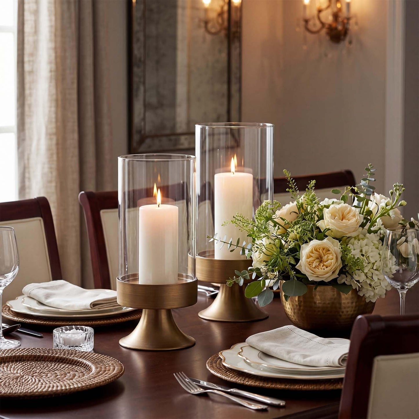 Gold Hurricane Candle Holder with Glass Cylinder Decorative Metal Pedestal Candlestick Holders for Pillar Candles Elegant Centerpiece for Dining Table Wedding Fireplace Mantel Living Room Home Decor