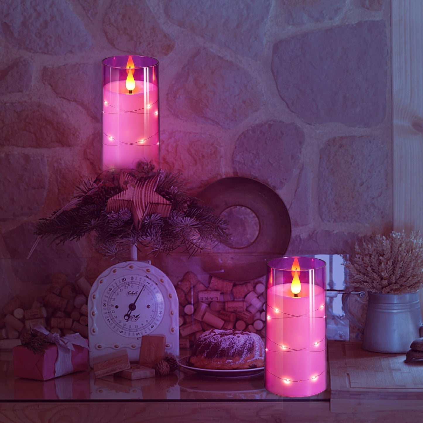 NURADA Flickering Flameless Candles: Built-in Star String Lights 3D Wick Acrylic Battery Operated LED Pillar Candles with Remote and Timer for Table Wedding Centerpieces Party 3 Pack Purple