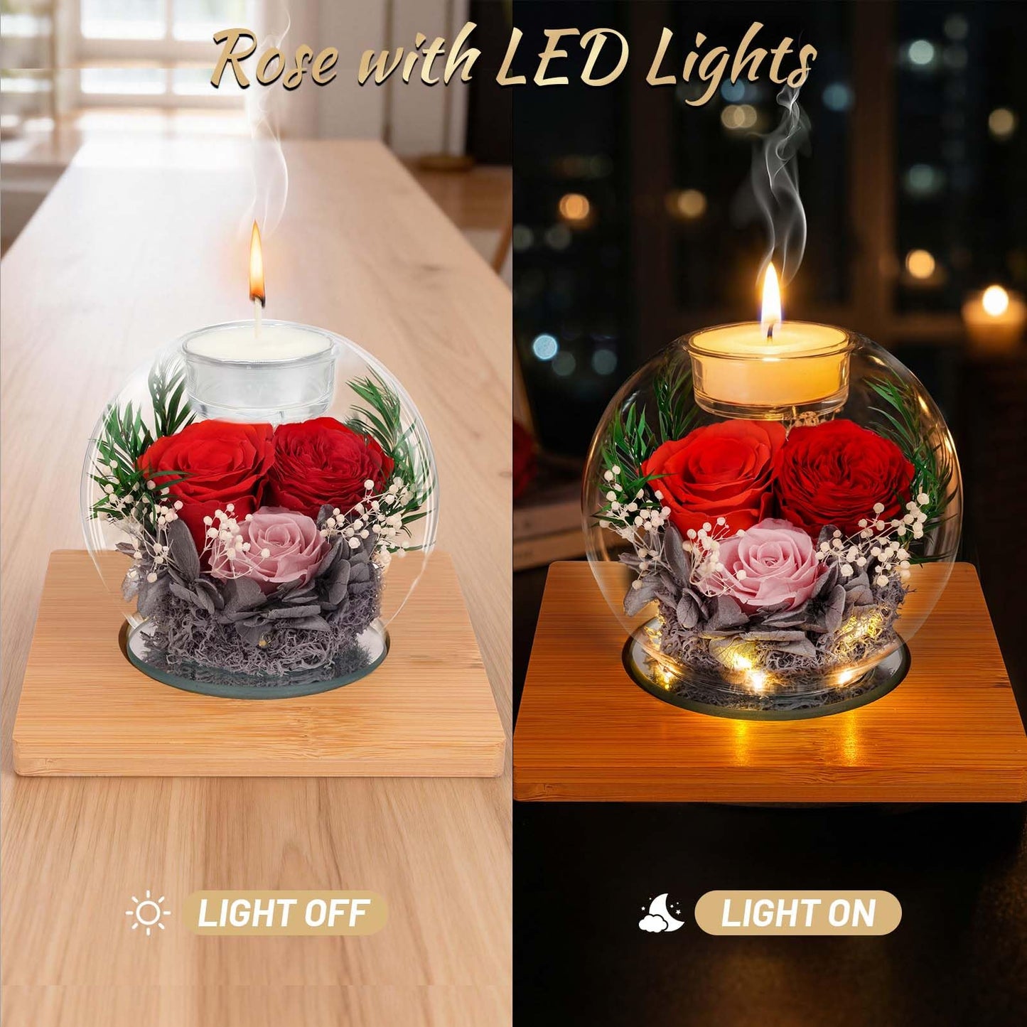 Preserved Pink Carnation Real Rose in Glass with Scented Candles–– Forever Flower Romantic Anniversary Christmas Birthday Valentines Mothers Day Gifts for Mom, Women, Wife, Girlfriend, Her, Grandma