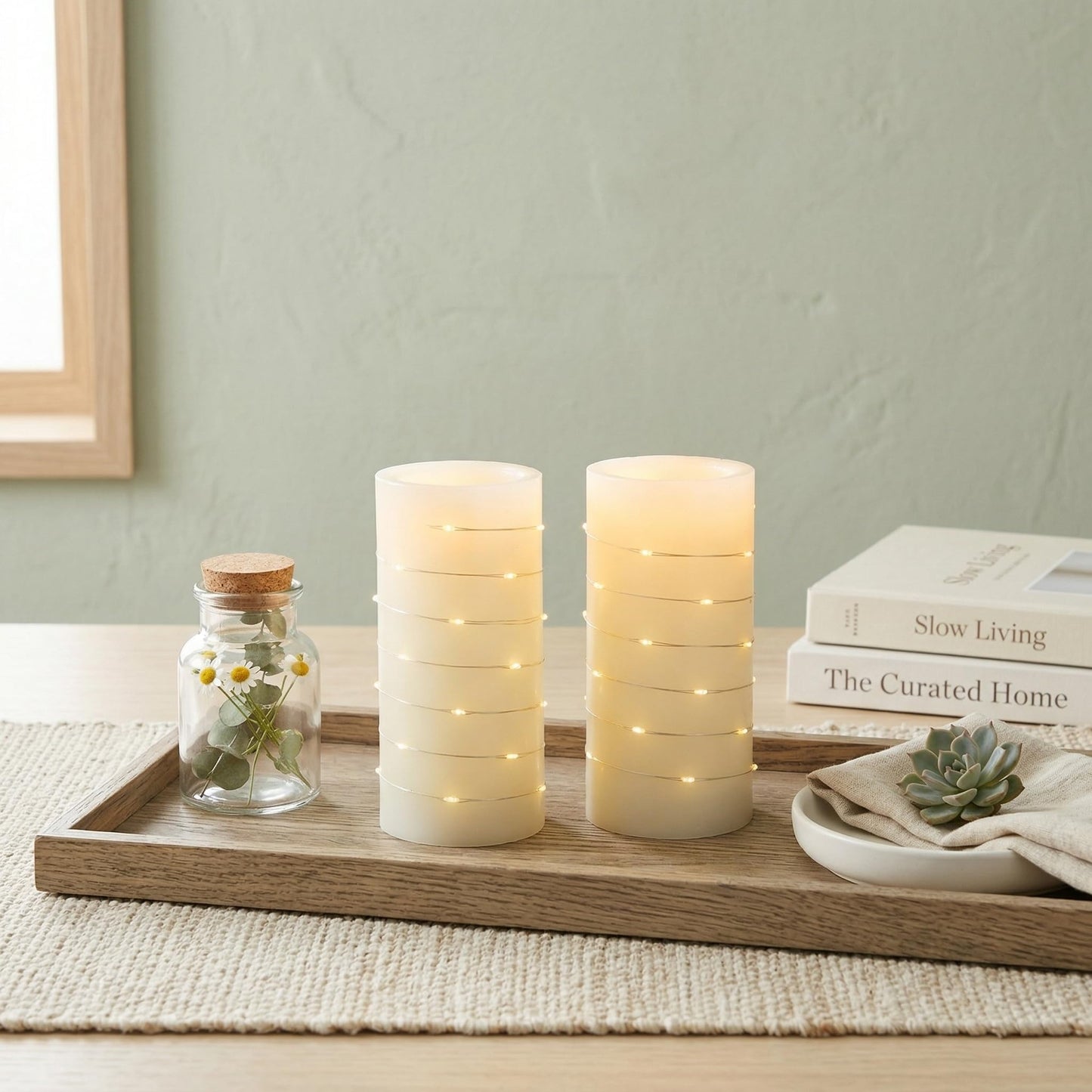 BeMoment Flickering Flameless Candles Ivory Real Wax Pillar with Embedded String Lights LED Candles Battery Operated Candle with Timer and Remote, for Bedroom, Wedding, Home Decor Set of 2 (3" x 6")