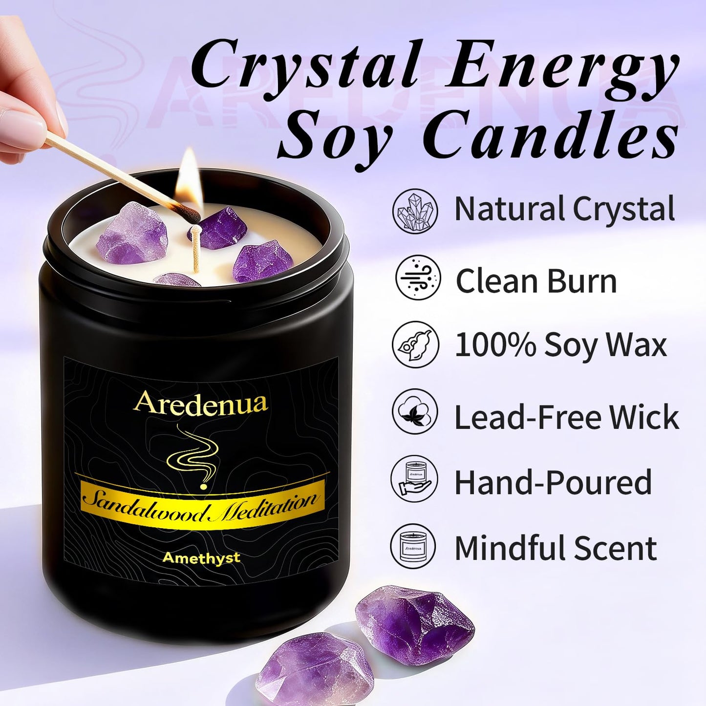 Aredenua Candle for Meditation and Spiritual Practice - Sandalwood Aromatherapy Candle with Amethyst Healing Crystal, Natural Soy Wax Scented Candle for Yoga Mindfulness, 7oz Long Lasting, Zen Gift