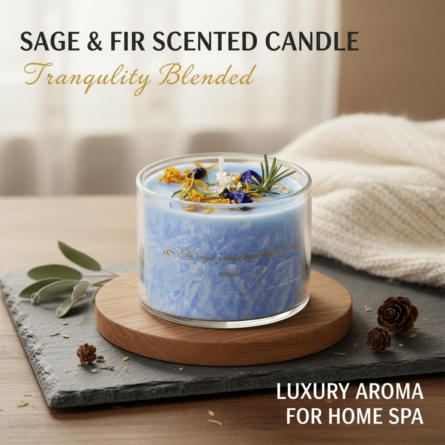 Coytlykne 4oz Crystal Candle with Dried Flower, 2.76x1.97 Inches Herbal Scent Jar Candles, Home Decoration & Heartfelt Present for Women Men (Blue)
