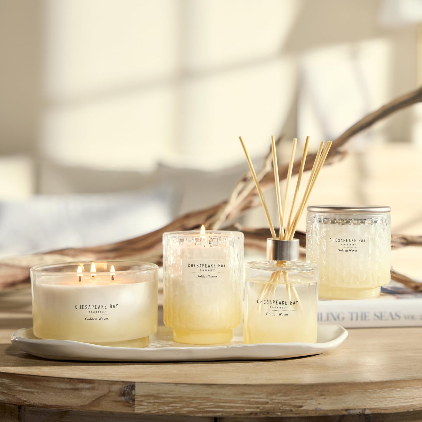 Chesapeake Bay, 11oz Golden Waves Scented Candle, Mood Evoking Fragrance, Textured Sea Glass-Inspired Jar, Premium Soy Blend Wax with Essential Oils, Coastal Fragrance for Home Décor or Gifting