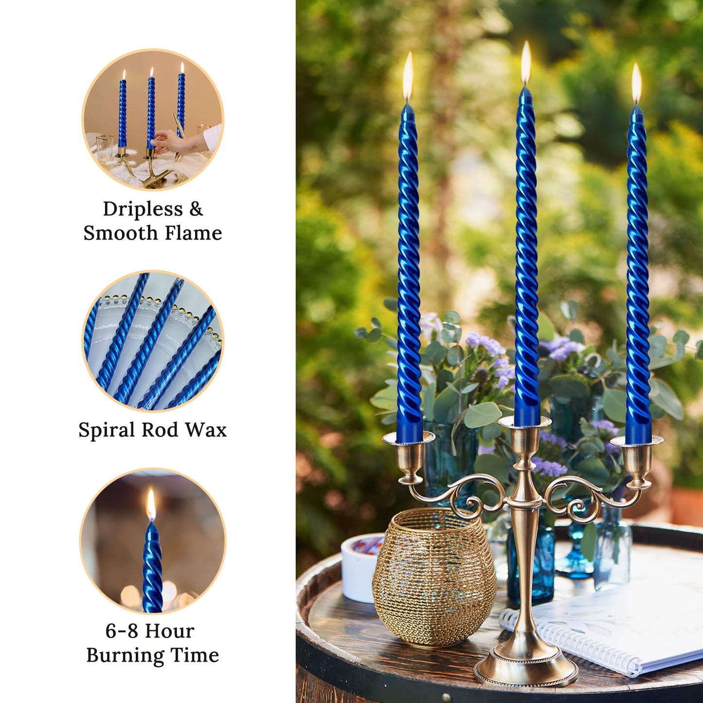 10 Inch Blue Spiral Taper Candles Set for Dinner, Unscented Dripelss Candlesticks for Home Holiday Party Decoration