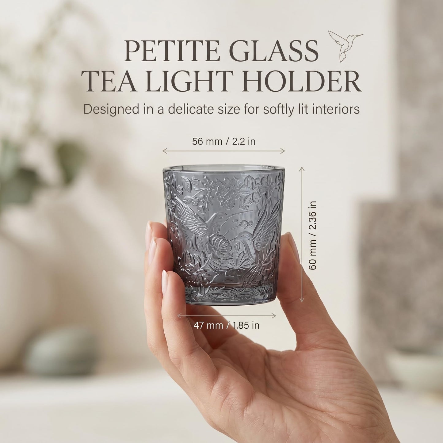 6 Pack Hummingbird Embossed Glass Candle Holders Votive Tealight Holders with Patent Design, Decorative Glass Cups for Wedding Centerpieces, Parties, and Home Decor (Smoky Quartz)
