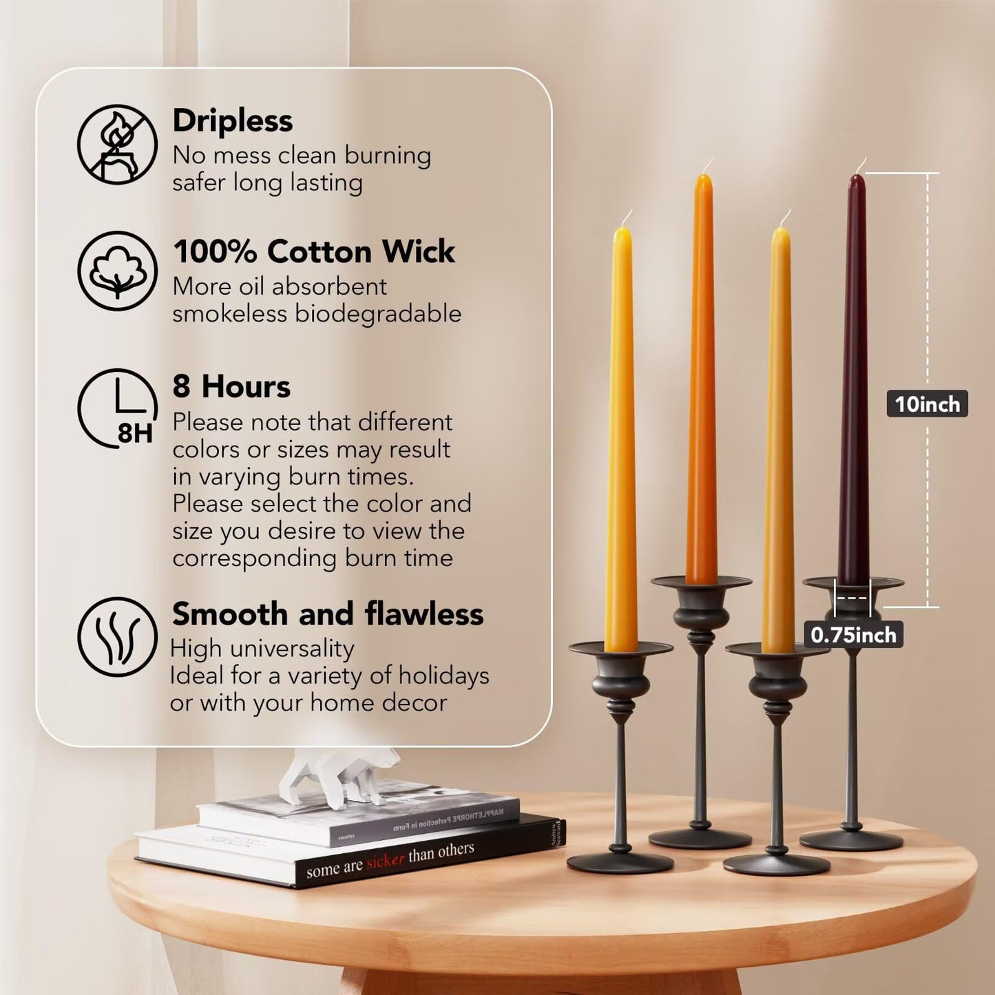 Pickood 10-Inch Tall Dripless Taper Candles Set of 4 - Fall Tapered Candles, Perfect for Halloween,Fall - Smokeless, Unscented, Long Burning - Hand Poured, Colored Tall Candlesticks - Thanksgiving